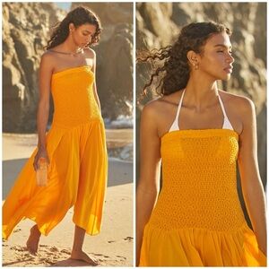 NWT By Anthropologie Strapless Smocked Cover-Up Dress Yellow L
